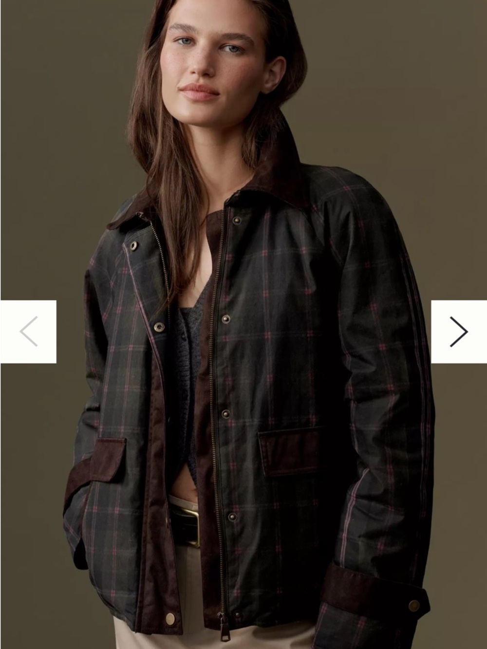 Anthropologie Navy Plaid Barn Jacket with Brown Trim